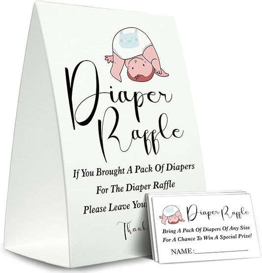 Diaper Raffle Sign,Diaper Raffle Baby Shower Game Kit (1 Standing Sign + 50 Guessing Cards) Diapers-XN23