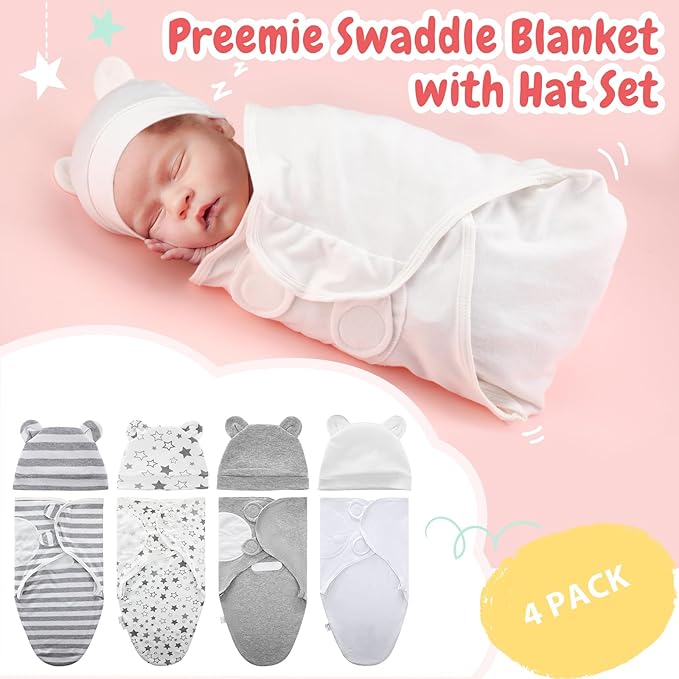 Buryeah 4 Pack Preemie Swaddle Blanket Wrap Set with Hat for Baby Boys Girls 3-7 Lbs Preemie Newborn Clothes Sleepers Cap
