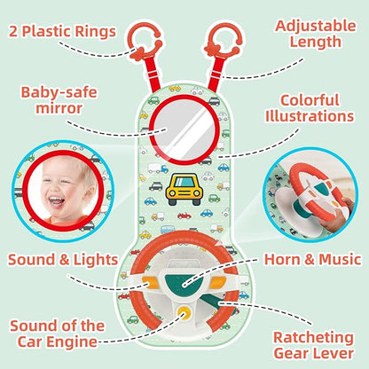 COVTOY Baby Car Seat Toys for Infants with Mirror, Steering Wheel, Music Lights, Driving Sounds - 6-12 Months