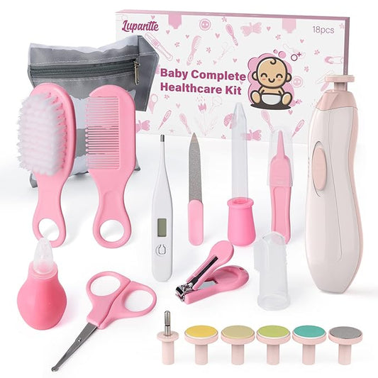 Baby Healthcare and Grooming Kit 18 in 1 Baby Electric Nail Trimmer Set Lupantte Nursery Care Kit, Toddler Nail Clippers, Medicine Dispenser, Infant Comb, Brush, etc. Baby Registry Gift