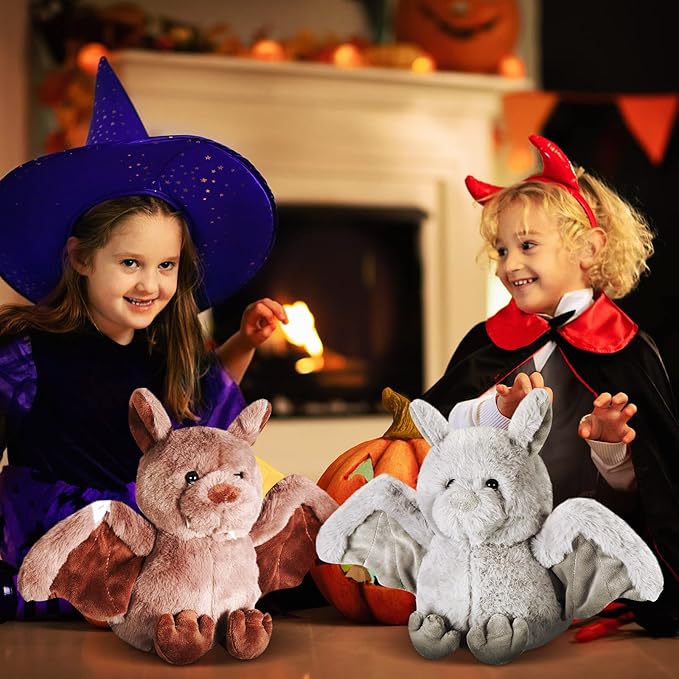 Zhanmai 2 Pack 10 Inches Halloween Bat Plush Cute Bat Stuffed Animal Furry Bashful Bat Toy PP Cotton Soft Bat Plush Doll Toy for Adults Teen Birthday Gifts, Grey