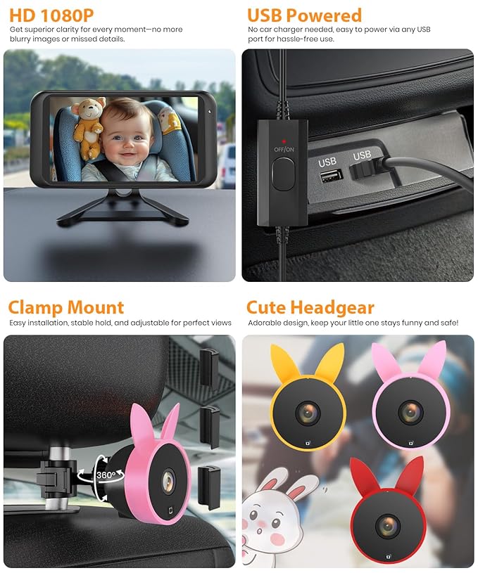 Smart Rotation Car Baby Camemra, 1080P Rear Facing Mirror with Shockproof Design, Real-Time Infant Monitoring System for Family Vehicles