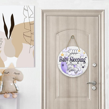 Deroro Shhh Baby Sleeping Front Door Sign, Elephant Purple Moon Cloud Stars Wood Door Hanger Outdoor Porch Nursery Decor