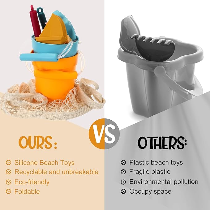 Hungdao 14 Pcs Silicone Beach Toys Travel Beach Set Sand Toys Include 2 Silicone Bucket Pail, 2 Shovel 9 Sand 1 Beach