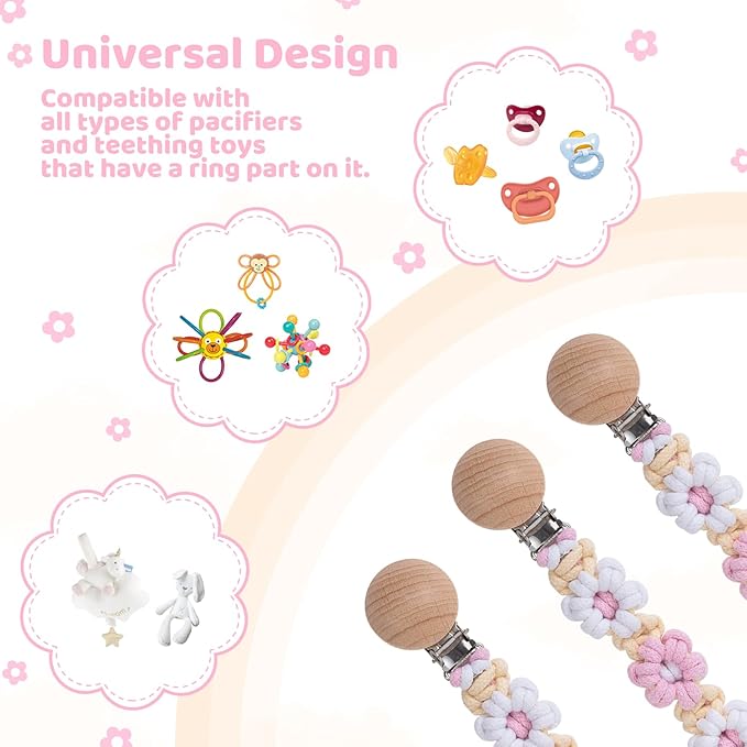 Pacifier Clip for Boys Girls Floral Daisy Macrame Baby Paci (1pack:Pink Daisy