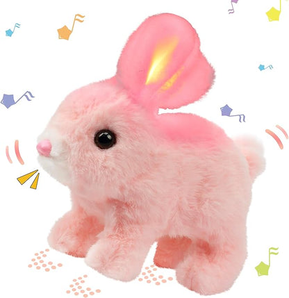 Hopearl Hopping Rabbit with LED Ears Interactive Electronic Pet Plush Bunny Toy with Sounds and Movements Animated Walking Wiggle Light up Ears Twitch Nose Gifts for Toddlers Birthday, Pink 7''