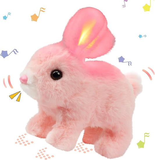 Hopearl Hopping Rabbit with LED Ears Interactive Electronic Pet Plush Bunny Toy with Sounds and Movements Animated Walking Wiggle Light up Ears Twitch Nose Gifts for Toddlers Birthday, Pink 7''