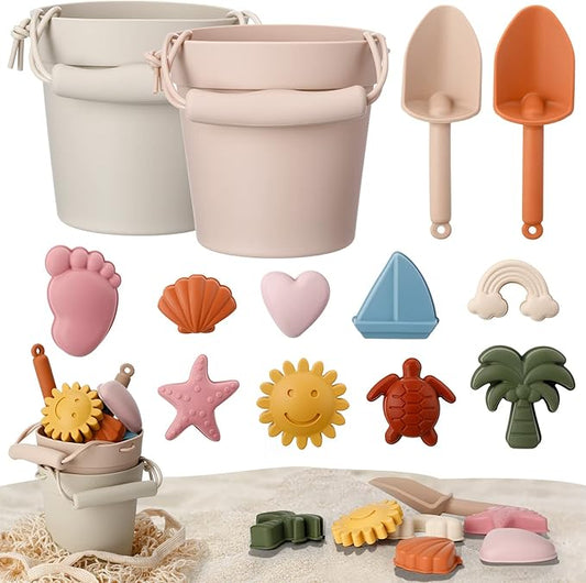 Hungdao 14 Pcs Silicone Beach Toys Travel Beach Set Sand Toys Include 2 Silicone Bucket Pail, 2 Shovel 9 Sand 1 Beach