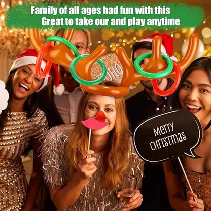 Inflatable Reindeer Antler Toss Headband Game Christmas Toy, for Kids Adults Family Christmas Party Favors Outdoor Indoor Ring Toss Xmas Games 2 Antlers 8 Rings 1 Air