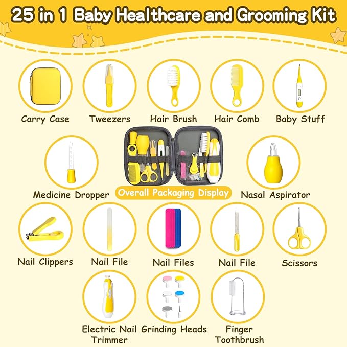 Baby Grooming Kit for Boys Girls Safety Newborn Nursery Essentials Grooming Set Gift for First-time Parents, Yellow 25 in 1