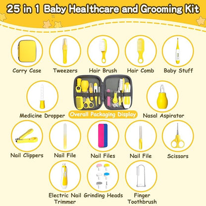 Baby Grooming Kit for Boys Girls Safety Newborn Nursery Essentials Grooming Set Gift for First-time Parents, Yellow 25 in 1