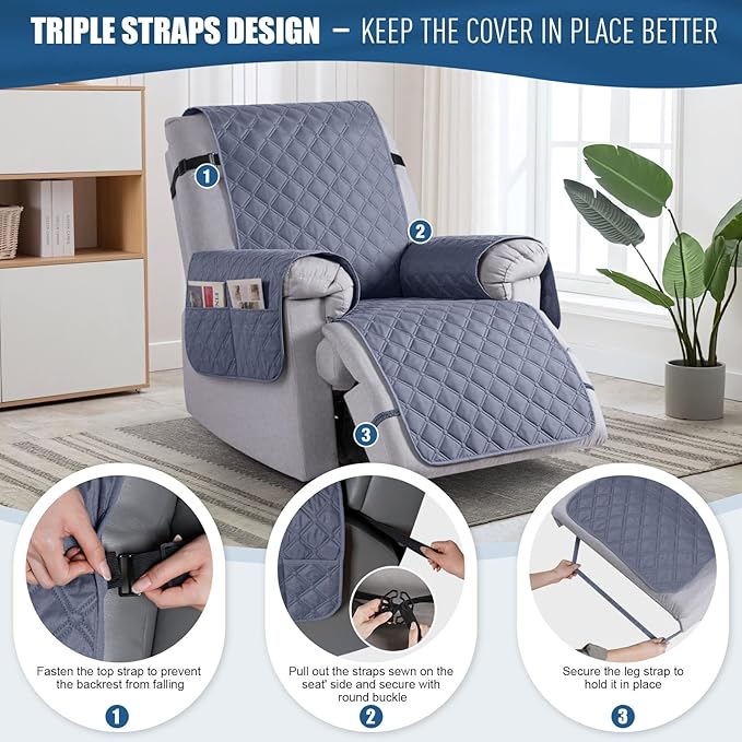 TAOCOCO 100% Waterproof Recliner Covers, Recliner Sofa Covers with Leg Straps, Reversible Recliner Couch Cover for Reclining Chair, Washable Couch Protector for Pets Kids(1 Seater 22", Bluish Gray)