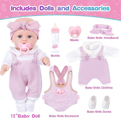 12 Inch Baby Doll Playset with Clothes and Dolls Carrier Accessories Included Baby Carrier, Bottles