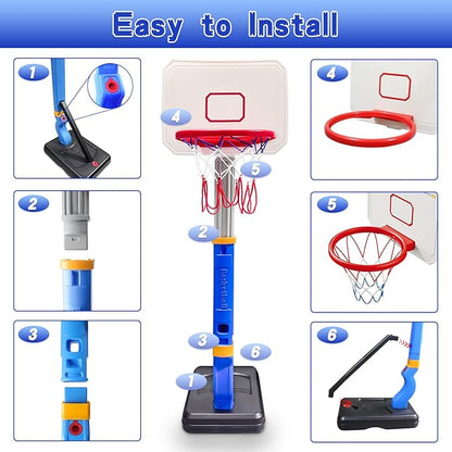Dollox Toddler Basketball Hoop Set, Indoor Mini Basketball Hoop Poolside Basketball Stand Height Adjustable Outdoor Basketball Toys with 4 Balls 3 4 5 6