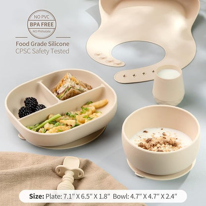 SAMiGO Silicone Baby Feeding Set, Suction Plate Bowl Set, Self Feeding Spoons, Bib, Cup, Baby Led Weaning Supplies, First Stage Feeding Essentials, Food Eating Utensils, 6+ Months