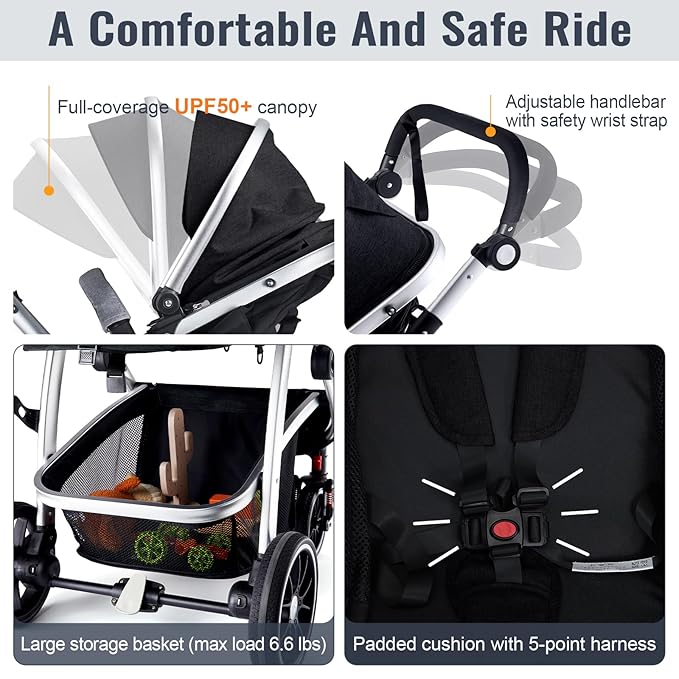 Baby Stroller, 2-in-1 Reversible Toddler Seat with Lie-Flat Mode, Foldable Infant Stroller with Canopy, One Button Brake, Adjustable Handle, Newborn Pushchair(Black)
