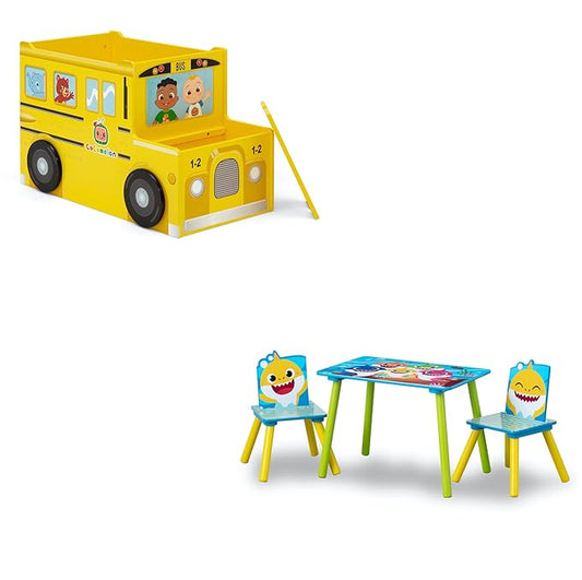 Delta Children CoComelon School Bus Toy Box + Delta Children 2-Chair Set