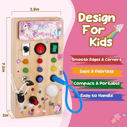 Unicorn Wooden Busy Board Sensory Toys with 8 LED Light 1 Year