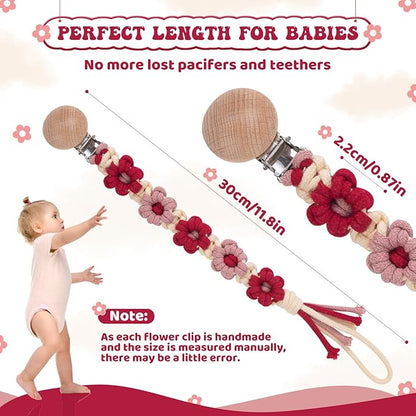 Pacifier Clip for Boys Girls Floral Daisy Macrame Baby Paci (2pack:Red Daisy 2)