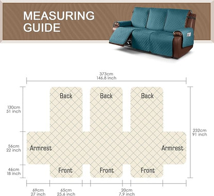 KinCam Waterproof Recliner Sofa Cover, Non-Slip Reclining Couch Covers for 3 Seat, Recliner Couch Cover Furniture Protector with Elastic Straps for Pets, Kids, Peacock Blue
