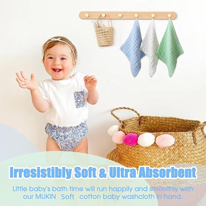 MUKIN Baby Washcloths - Natural Cotton Baby Wipes 10 Pack 12x12 inches