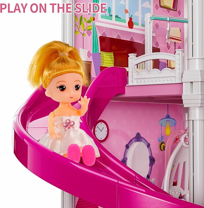 TEMI Villa Toys for 3 4 5 6 7 8 Years Old Girls - 4 Storeys 12 Rooms, Indoor Playset with 2 Dolls Toy Figures, Toys Furniture and Accessories, Pretend Girls Plays, Building Toys, Gifts Toy