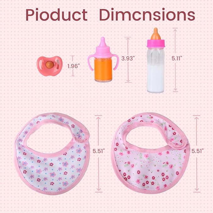 5 Pcs Baby Doll Accessories Doll Feeding Set | Disappearing Magic Milk & Juice Bottles, Pacifier 2 Bibs