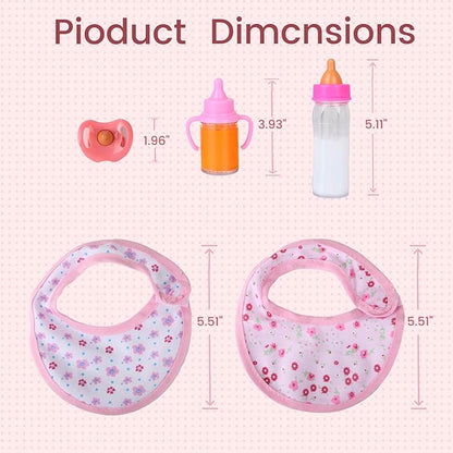 5 Pcs Baby Doll Accessories Doll Feeding Set | Disappearing Magic Milk & Juice Bottles, Pacifier 2 Bibs