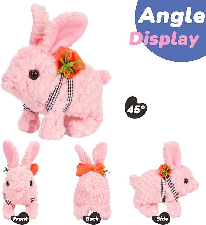 Hopearl Hopping Rabbit with LED Ears Carrot Backpack Interactive Plush Bunny Toy with Sounds Animated Walking Wiggle Light up Ears Twitch Nose Gift for Toddlers, Pink 7''