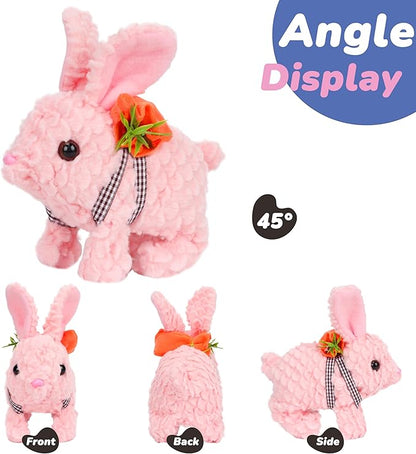Hopearl Hopping Rabbit with LED Ears Carrot Backpack Interactive Plush Bunny Toy with Sounds Animated Walking Wiggle Light up Ears Twitch Nose Gift for Toddlers, Pink 7''
