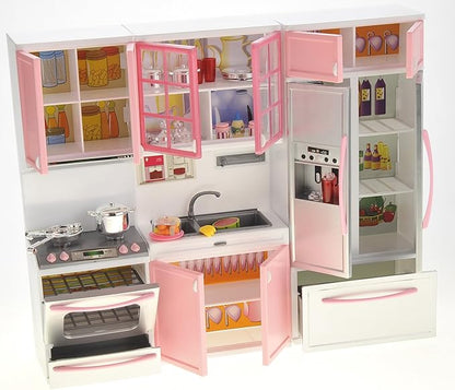 PowerTRC Doll Kitchen Play Set, Mini Modern Toy Pink Kitchen Pretend Play Furnitures Toy Set Accessories Set with Realistic Light & Sound for Kids Toddlers Girls (3-in-1)
