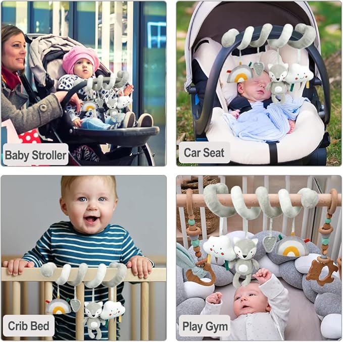 Baby Car Seat Toys, Activity Spiral Plush Hanging Wrap Around Pram Pushchair Stroller Toys, Sensory Early Education Toy for Toddler, Grey Fox