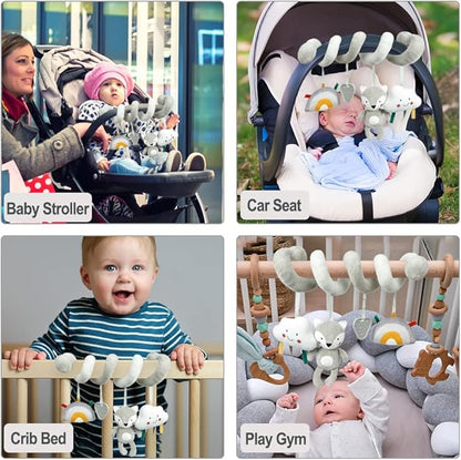 Baby Car Seat Toys, Activity Spiral Plush Hanging Wrap Around Pram Pushchair Stroller Toys, Sensory Early Education Toy for Toddler, Grey Fox
