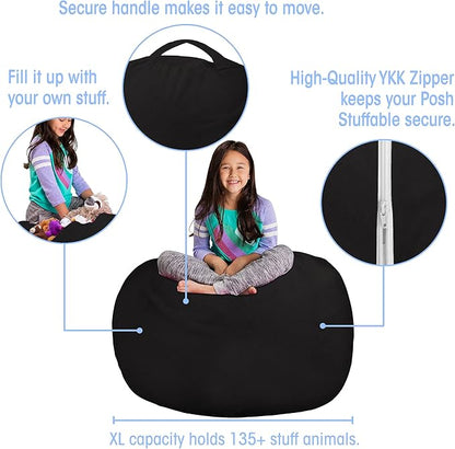 Posh Creations Stuffable Kids Stuffed Animal Storage Bean Bag Chair Cover - Childrens Toy Organizer, X-Large 48" - Soft Faux Rabbit Fur Black