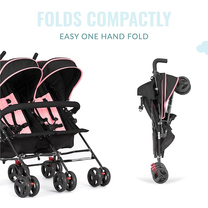 Dream On Me Volgo Twin Umbrella Stroller in Pink, Lightweight Double Stroller for Infant & Toddler, Compact Easy Fold, Large Storage Basket, Large and Adjustable Canopy