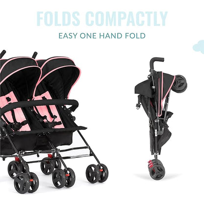 Dream On Me Volgo Twin Umbrella Stroller in Pink, Lightweight Double Stroller for Infant & Toddler, Compact Easy Fold, Large Storage Basket, Large and Adjustable Canopy