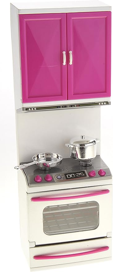 Doll Kitchen Playset, Mini Modern Kitchen Toys Pretend Play Furnitures Toy Sets Accessories Set with Realistic Light & Sound for Kids Toddlers Girls (3-in-1)
