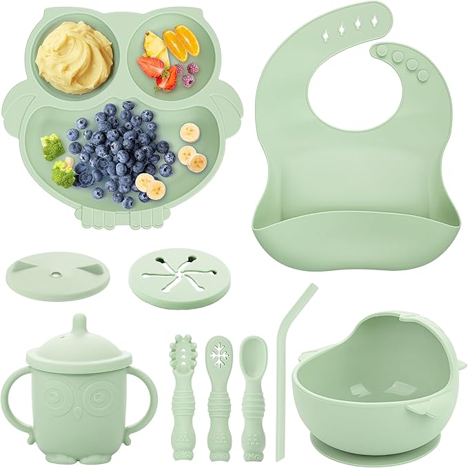 Baby Weaning Set, Silicone Baby Feeding Set(10 Pcs), Toddler Weaning Set with Adjustable Bib, Suction Bowl, Plate, Fork, Spoon, Water & Snack Cup Kit, Baby Led Weaning Kit for Babies and Kids