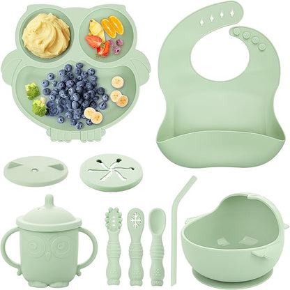 Baby Weaning Set, Silicone Baby Feeding Set(10 Pcs), Toddler Weaning Set with Adjustable Bib, Suction Bowl, Plate, Fork, Spoon, Water & Snack Cup Kit, Baby Led Weaning Kit for Babies and Kids