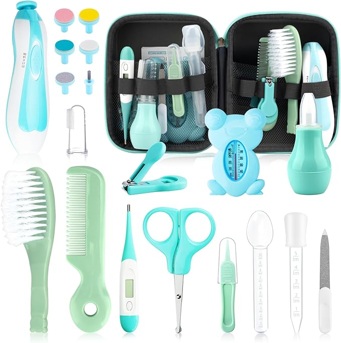 Baby Healthcare and Grooming Kit, 20 in 1 Portable Baby Safety Care Set with Hair Brush Comb Nasal Aspirator Electric Nail Trimmer Set Baby Essentials kit for Newborn Boys Girls (Green 20 in 1)