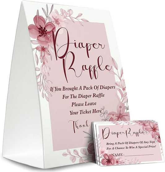 Diaper Raffle Sign,Diaper Raffle Baby Shower Game Kit (1 Standing Sign + 50 Guessing Cards) Diapers-XN19