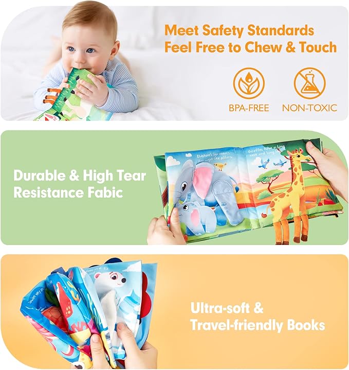 hahaland Baby Books 0-6 Months - 2 PCS Sensory Montessori Toys for Babies 0-6 Months with Crinkle Squeaky Sounds, Mirrors