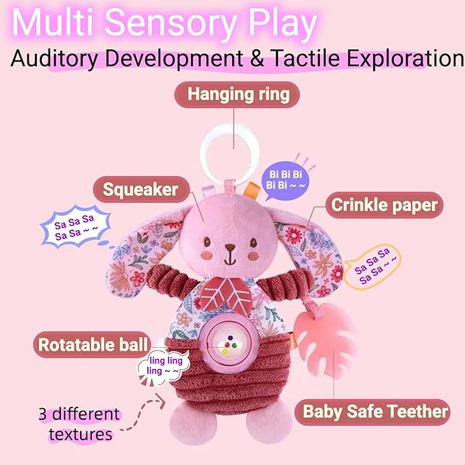 Crib Toys Hanging Baby Stroller Car Seat Toy for Infants 0-3-4-5-6 Months, Newborn Baby Girl Boy Shower Gifts, Sensory Toys with Rattle, Crinkle, Squeaky, Teethers for Babies 6-12 Months