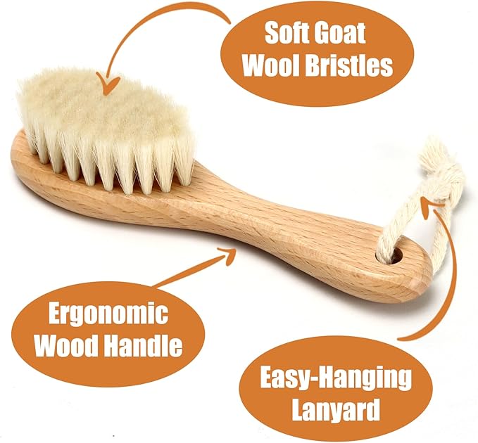 Wooden Baby Hair Brush and Comb Set, 3Pcs Natural Soft Goat Bristles Brush Cradle Cap Comb Baby Shower Scrubber Perfect Scalp Grooming Product for Newborn, Toddler, Infant (White)