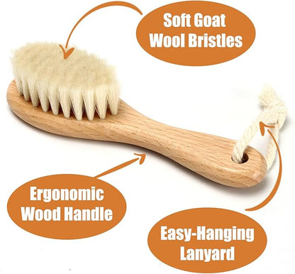 Wooden Baby Hair Brush and Comb Set, 3Pcs Natural Soft Goat Bristles Brush Cradle Cap Comb Baby Shower Scrubber Perfect Scalp Grooming Product for Newborn, Toddler, Infant (Pink)