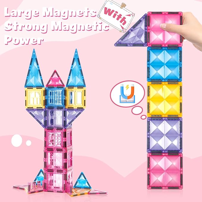 Princess Magnetic Tile Castle 3D Building Block Set - Sensory STEM Educational Building Toddler Kids Toys - Pink Magnetic Building Block with Doll Girl Birthday Gift for 3 4 5 6 7 8 Years Old