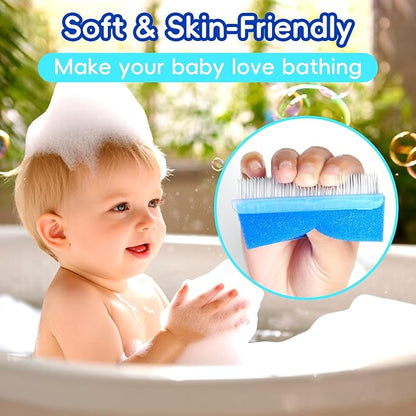 Cradle Cap Brush for Babies, Set of 5 Baby Bath Essentials with Bath Sponge Silicone Scrubber Long Handle Comb for Newborns Toddlers Boys Girls (Blue)
