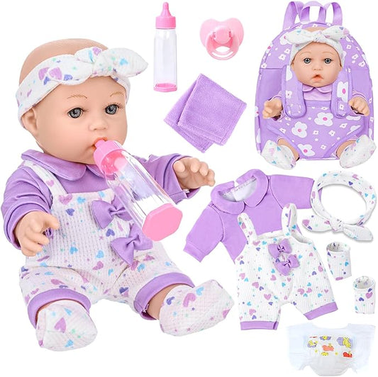 12" Baby Doll with Flower Pattern Backpack Carrier,12 Inch Realistic 3+ Child