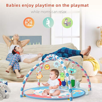 Baby Tummy Time Mat, Baby Gyms Playmats Activity Mat with 4 Toys and Mirror 40 Music, 3 to 18 Month(Blue)