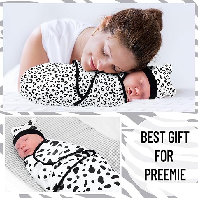 Buryeah 4 Pack Preemie Swaddle Blanket Wrap Set with Hat for Baby Boys Girls 3-7 Lbs Preemie Newborn Clothes Sleepers Cap